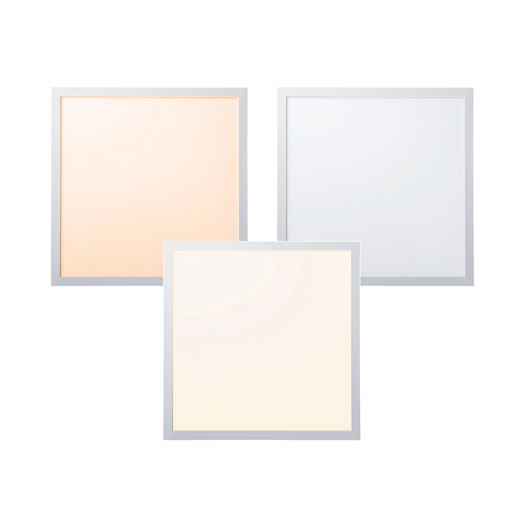 Three square light panels with different colour temperatures on a white background