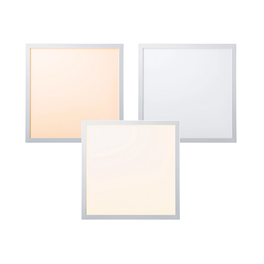 Three square light panels with different colour temperatures on a white background