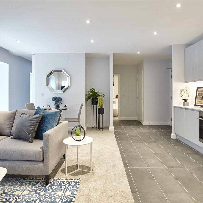Modern living room with gray sofa, kitchen area, and decorative elements.