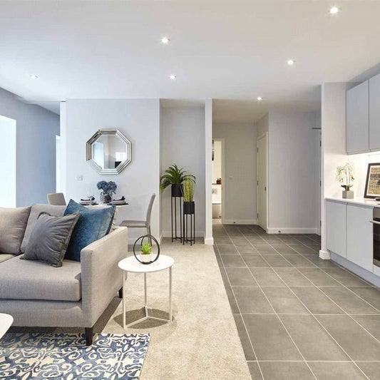 Modern living room with gray sofa, kitchen area, and decorative elements.