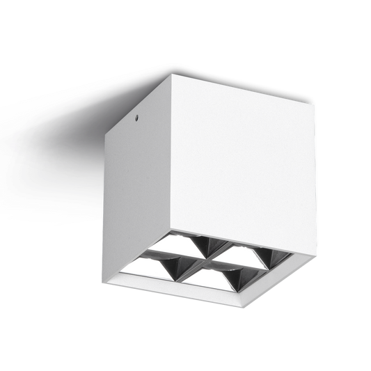 Square white ceiling light fixture on a white background