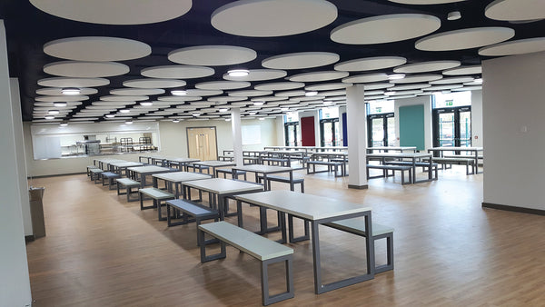 Modern cafeteria with tables, benches, and a stylish ceiling design and LED Ceiling Lights