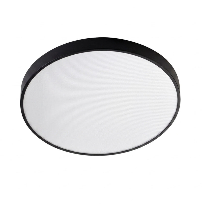 A modern flush-mount ceiling light with a black metal frame and a white textured diffuser, shown from a top-down perspective on a solid white background.
