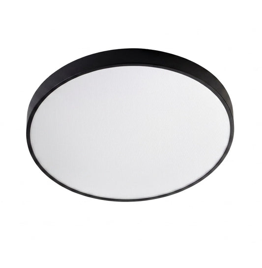 A modern flush-mount ceiling light with a black metal frame and a white textured diffuser, shown from a top-down perspective on a solid white background.