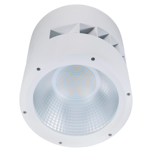 White industrial ceiling light fixture on a white background
