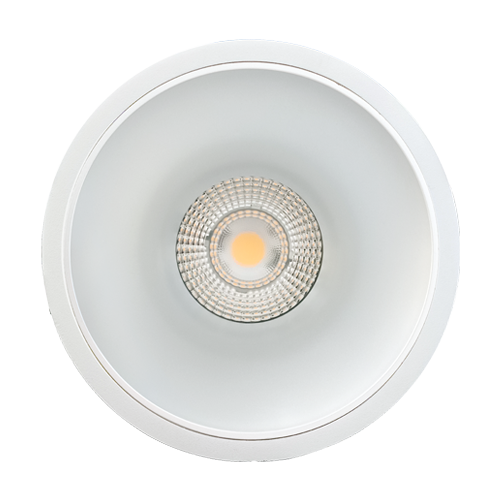 Round white recessed ceiling light on a white background