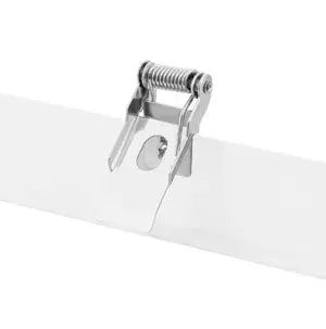Metal clip attached to a white cable on a white background