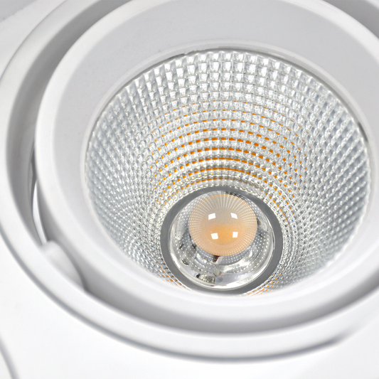 Close-up of a recessed ceiling light with a white frame and clear glass cover.