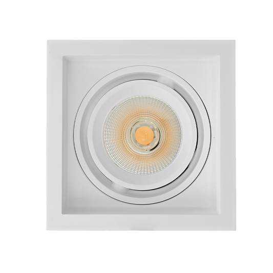 Square recessed ceiling light with white frame on a white background
