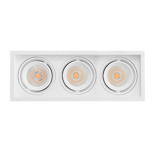 Three-light fixture with white frame and circular lights on a white background