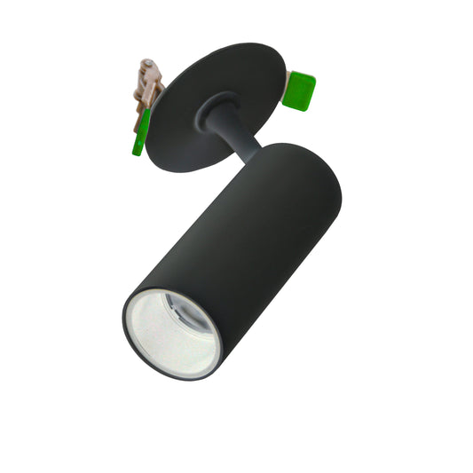 Black cylindrical light fixture with a green accent on a white background