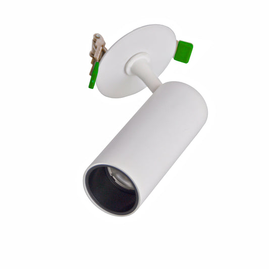 White cylindrical light fixture with green accents on a white background
