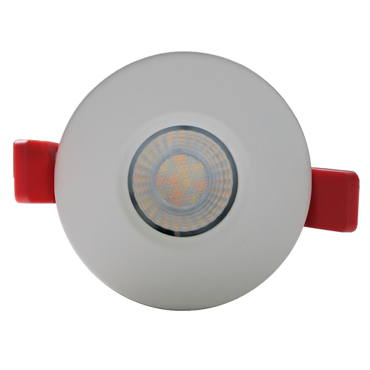 Round light fixture with red trim on a white background