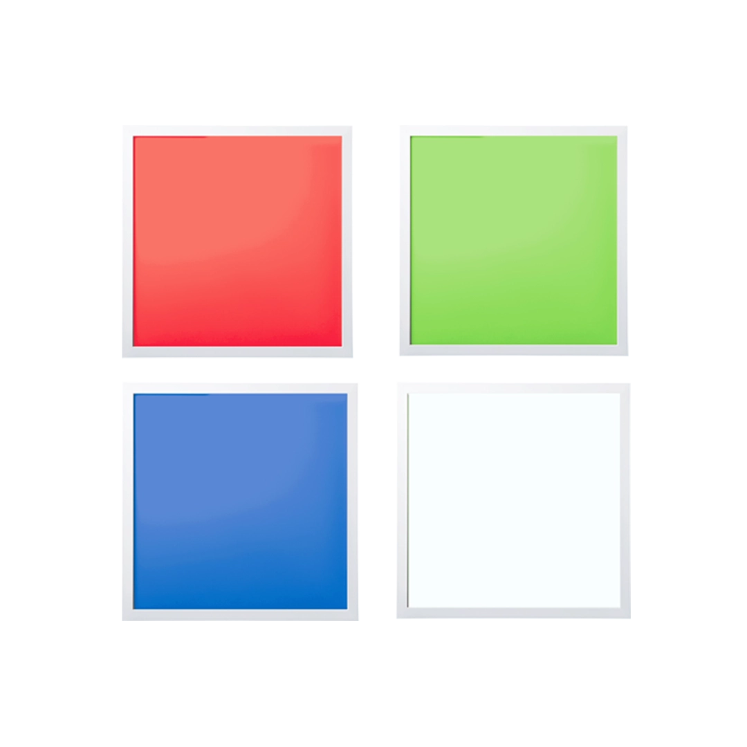 Four coloured LED square lights (red, green, blue, white) on a white background