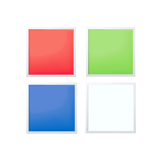Four coloured LED square lights (red, green, blue, white) on a white background