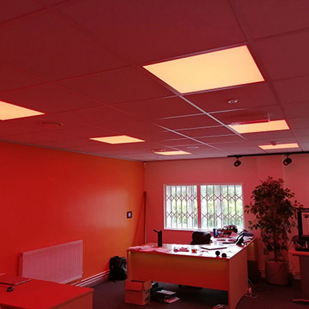 Modern office interior with red  fluorescent lights on a ceiling