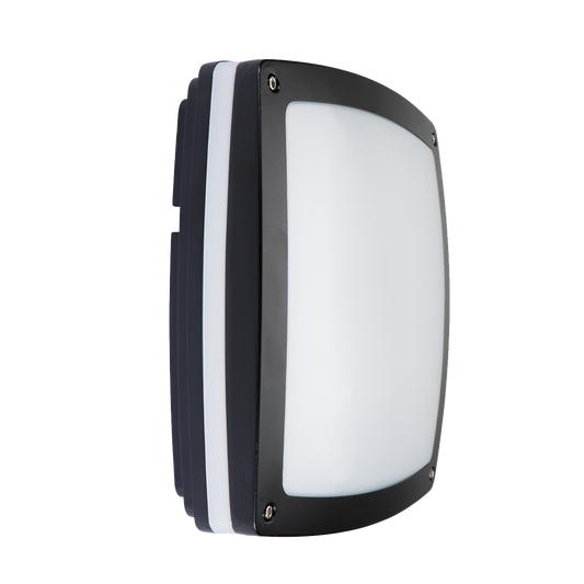 Black and white outdoor wall light fixture on a white background