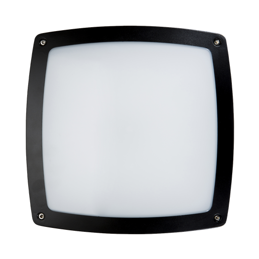 Square wall light fixture with black frame on a white background