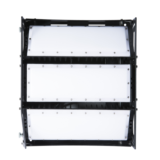 Industrial LED light fixture with multiple white panels on a black frame