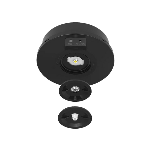 Black electronic device with components on a white background