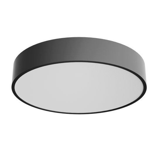 Round black ceiling light fixture on a white background