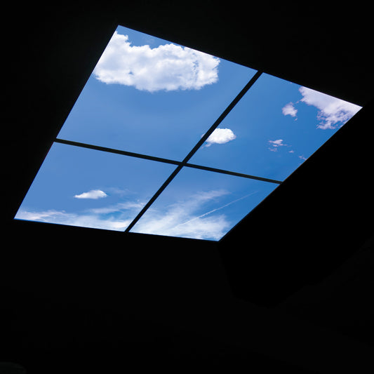 Ceiling with a skylight showing a blue sky and clouds