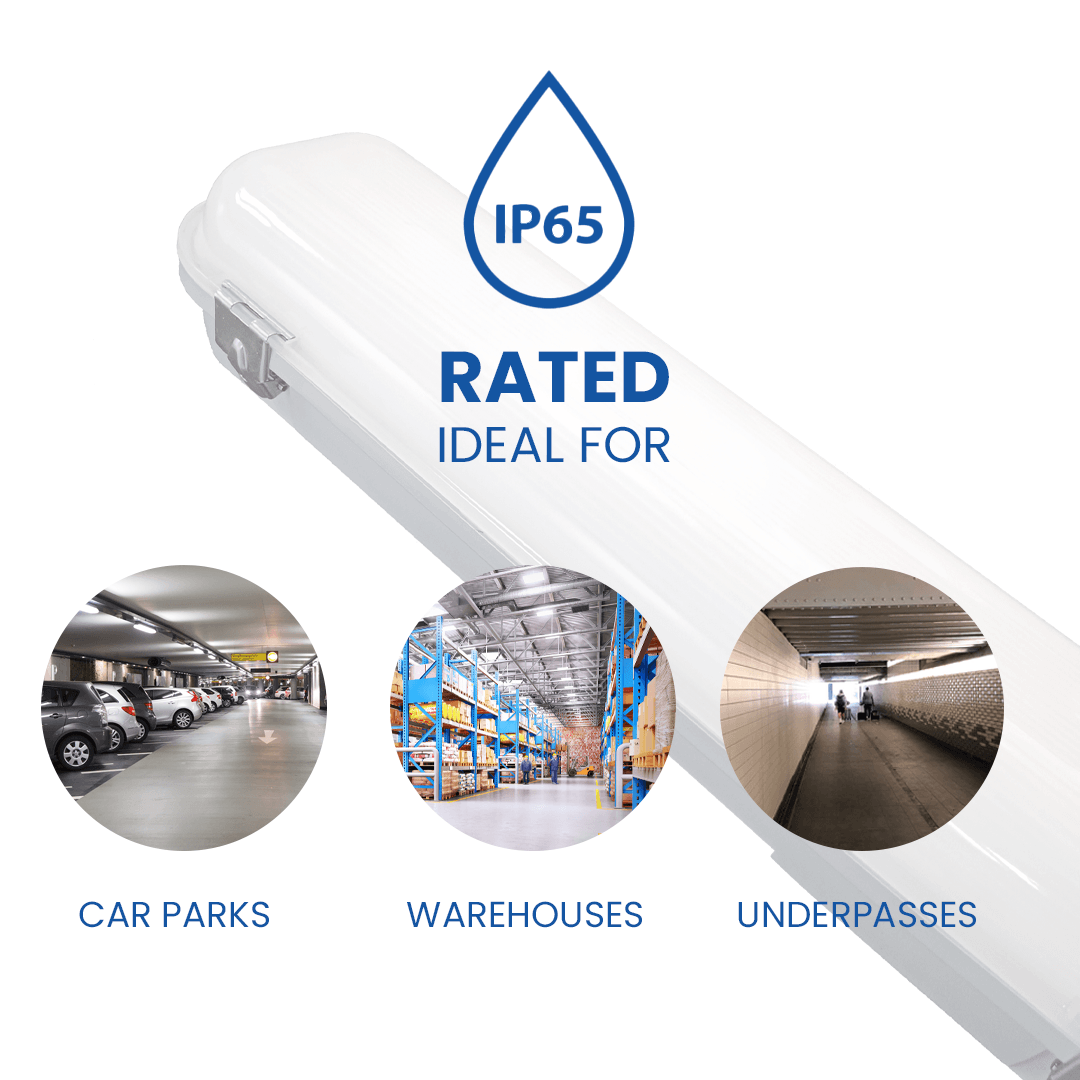 Light fixture with IP65 rating for car parks, warehouses, and underpasses on a white background.