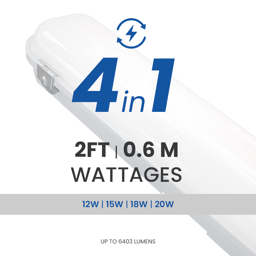 White LED light bar with blue text and symbols on a white background