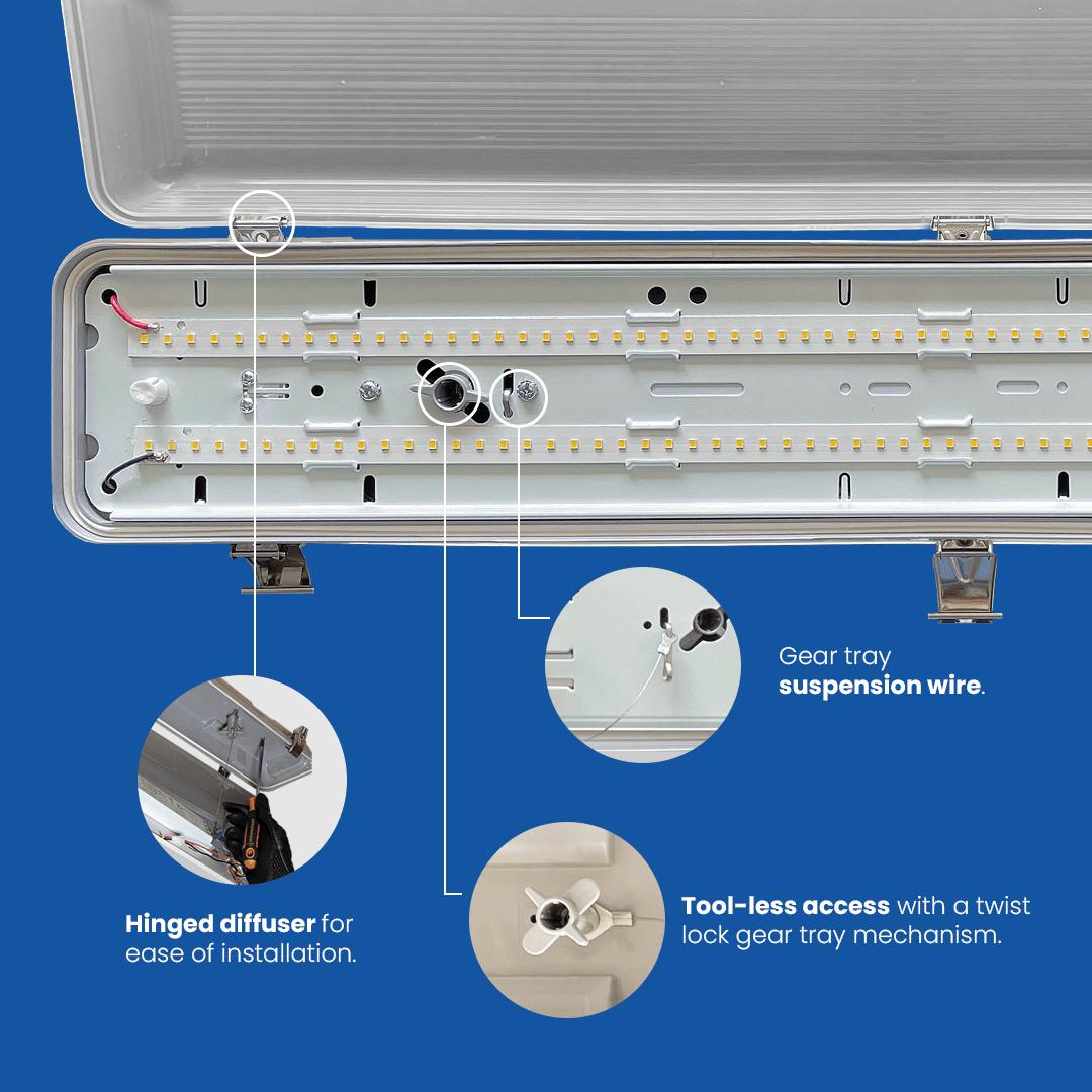 Technical diagram of a light fixture with labeled parts on a blue background