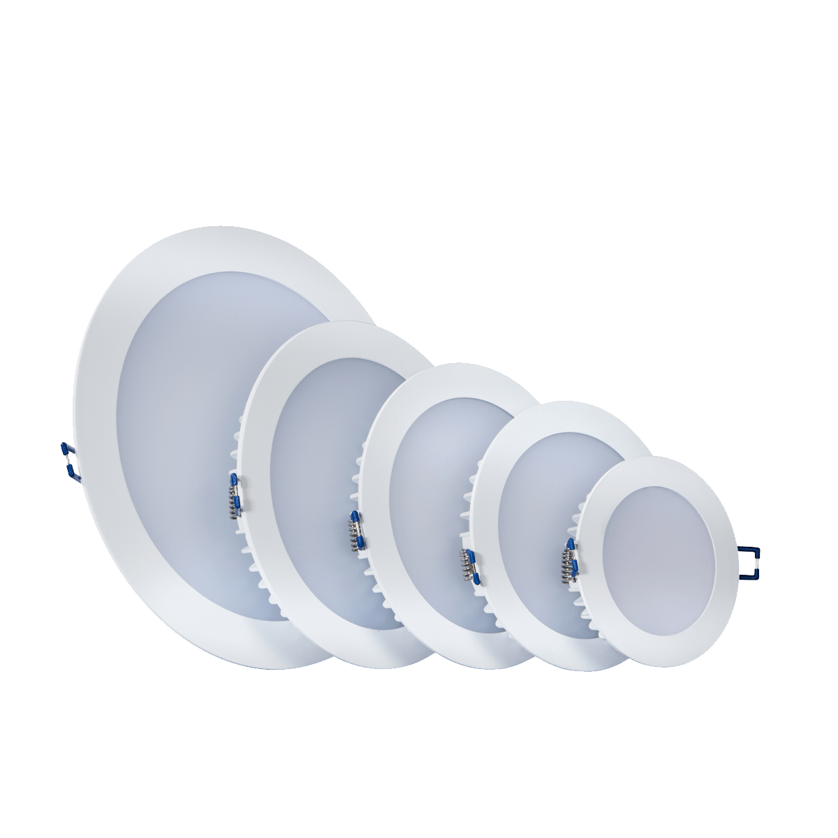 Set of five round LED downlights in various sizes on a white background
