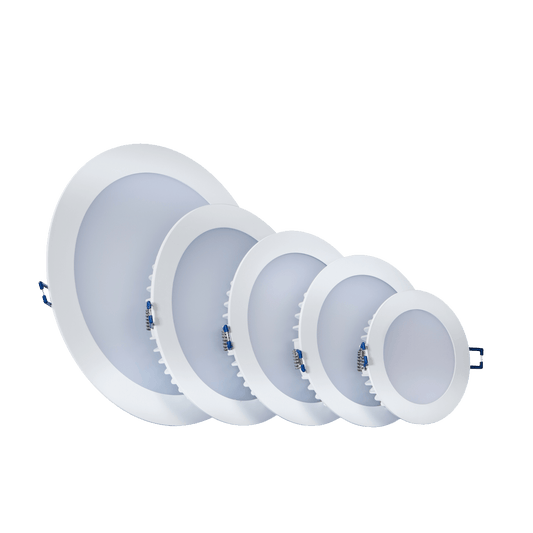 Set of five round LED downlights in various sizes on a white background