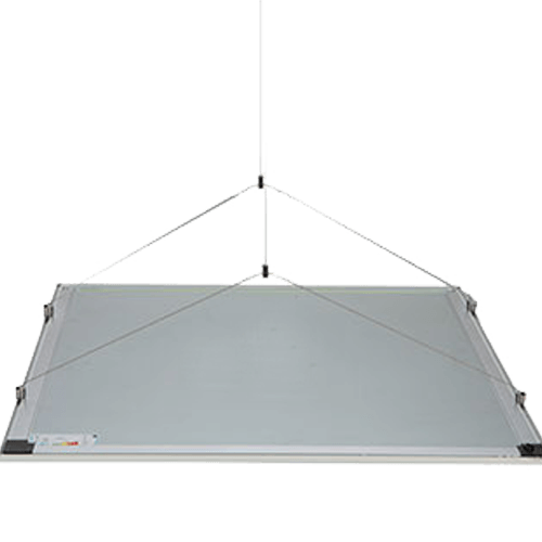 Ceiling-mounted metal grid with a rectangular panel on a white background