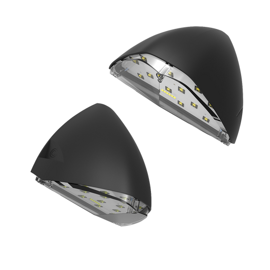 Two black outdoor lights on a white background