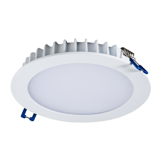 Round recessed ceiling light with white trim on a white background