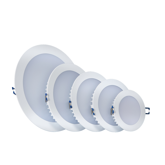 Set of five round LED downlights on a white background