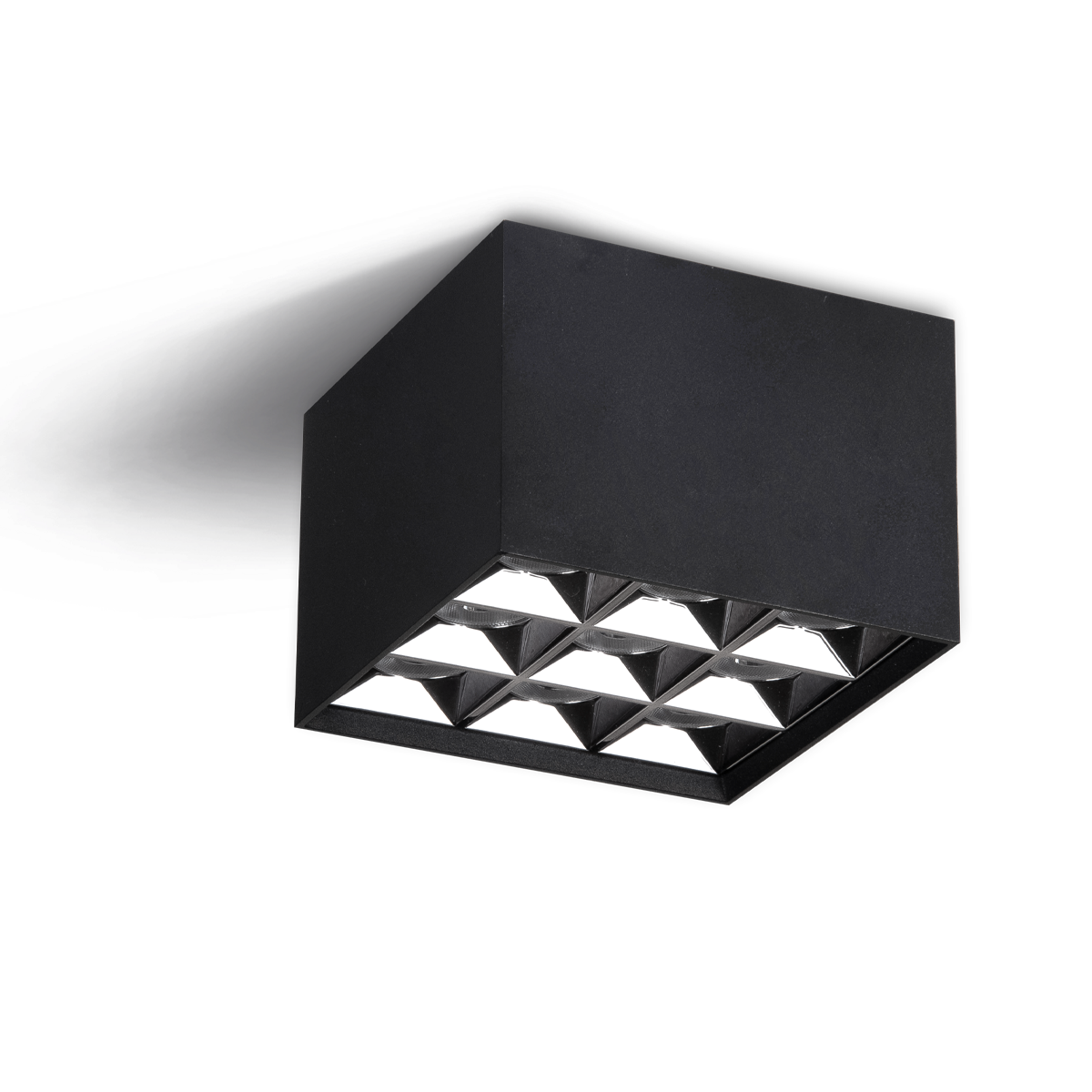 Black square wall light fixture with geometric design on a white background