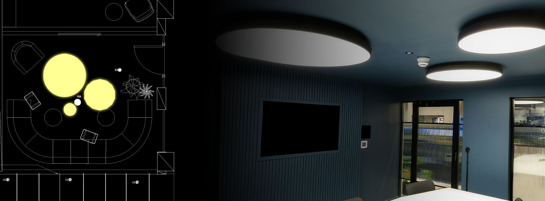 Modern room with ceiling lights and a television, featuring architectural floor plan on the left.