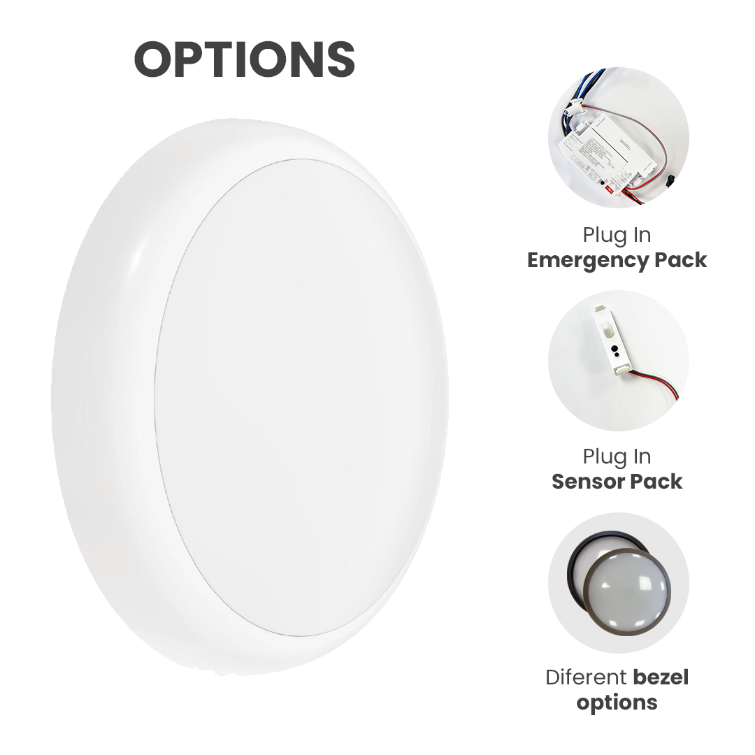 Light fixture with options for plug-in emergency pack, sensor pack, and different bezel options on a white background.