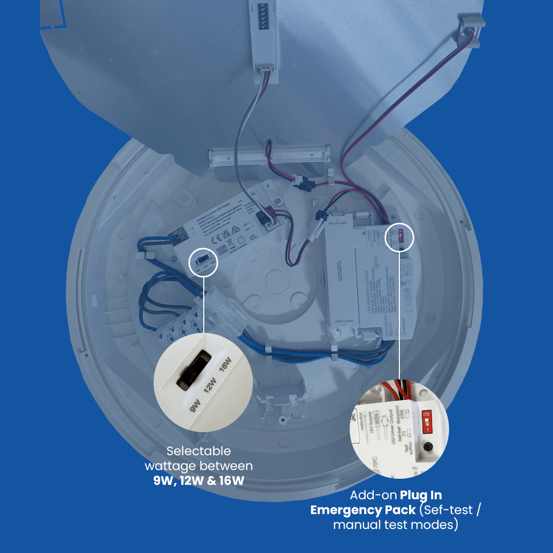 Technical diagram of a light fixture with wiring and components on a blue background